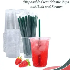 Disposable Clear Plastic Cups with Lids and Straws, 16 oz Iced Coffee Cups (25 Sets) – Cold Drink Cups for Smoothies, Milkshakes, Boba Tea & Party Supplies