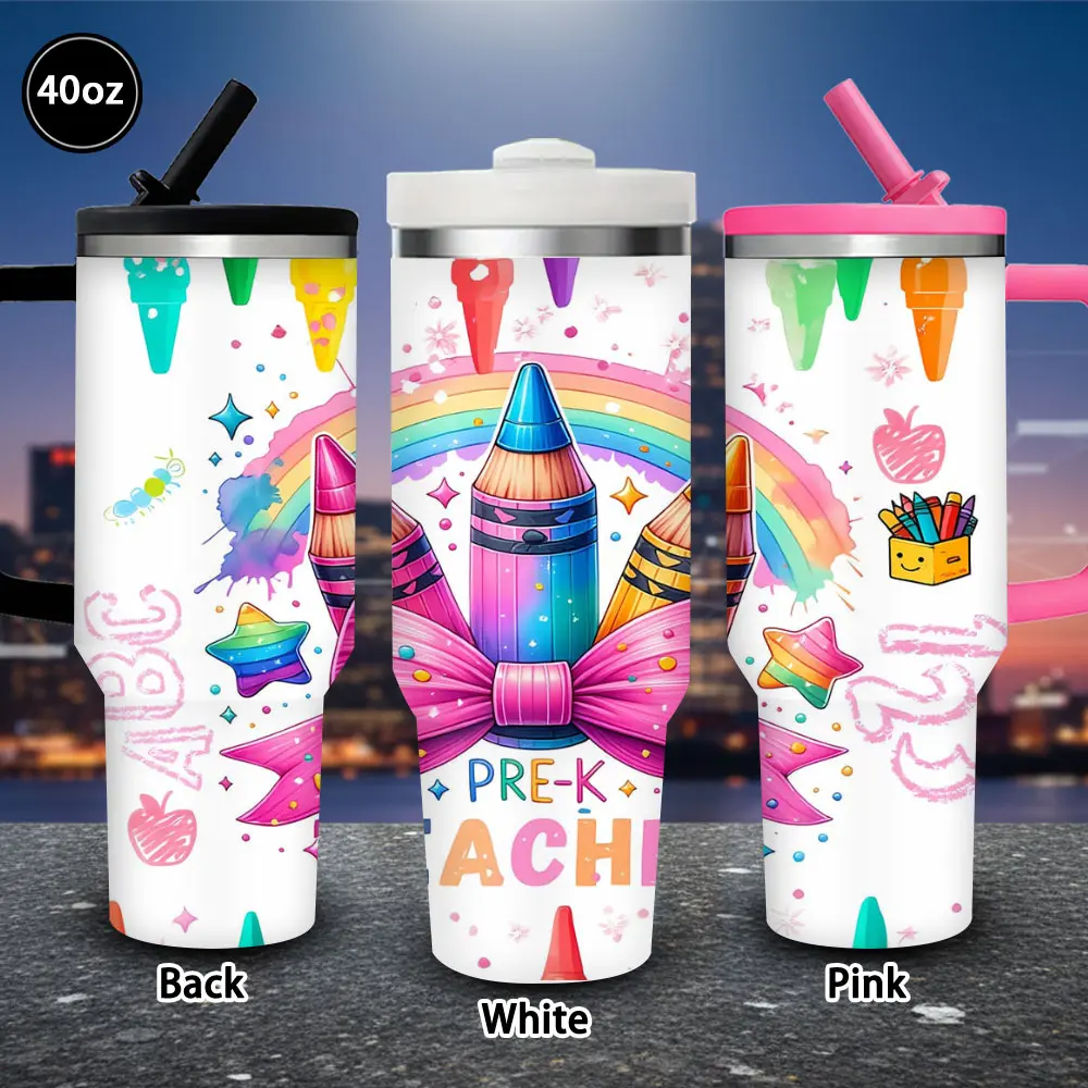 40 oz Leak-Proof Portable Insulated Vacuum Flask Mug with Lid & Straw, Colorful Rainbow Design, Pre-Kindergarten Teacher Birthday Gift Idea for Adults, Ideal for Iced/Hot Coffee, Winter Travel Kitchenware