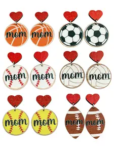 Sports Jewelry Mother's Day Gift Mom Baseball Football Rugby Heart Wooden Stud Earrings, Sporty Style, All Seasons