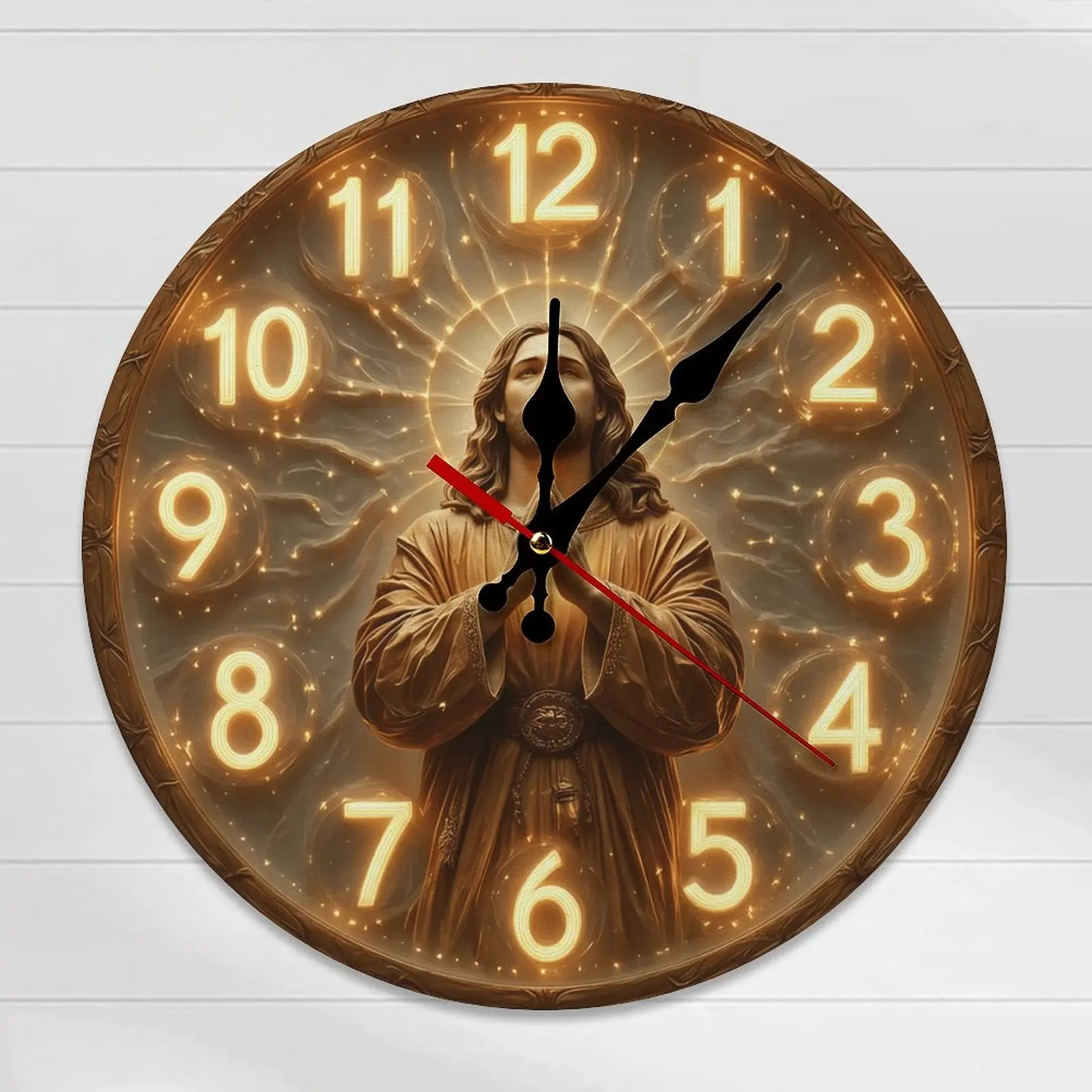 Round Vintage Wooden Mountable Analog Mechanical Wall Clock - 10/12in Silent Luminous Jesus Praying Print, DIY Assembly, Battery-Free Religious Christian Room Decor, Ideal Gift for Home/Church