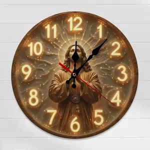 Luminous Print Vintage Wood Hanging Jesus Praying Wall Clock - 10/12in Silent Religious Christian Home Decor, No-Light Faith Clock for Home, Church