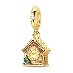 MULA 14K Gold Plated Openable Cuckoo Clock Charm for Pandora Bracelet – 925 Silver-plated Vintage Cabin House Locket Dangle Bead with Enamel Pine Tree, Housewarming & Family Time Jewelry Gifts for Women