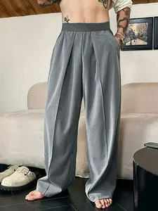 Men's Solid Color Pleated Loose Wide-Leg Dress Pants Relaxed Fit Draped Straight-Leg Trousers with Elastic Waistband & Slant Pockets for Commuting Business Travel All-Season Wear - Formal