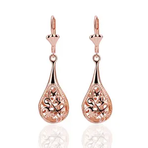 18K Rose Gold Filigree Teardrop Lever Back Drop Dangle Earrings L130