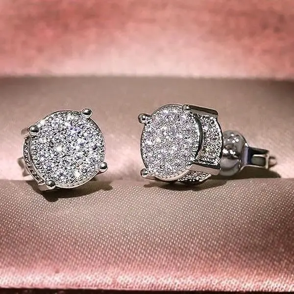 Full Diamond Hip Hop Men's Stud Earrings Zircon Micro-setting Color Separation Electroplating Round Earrings Women