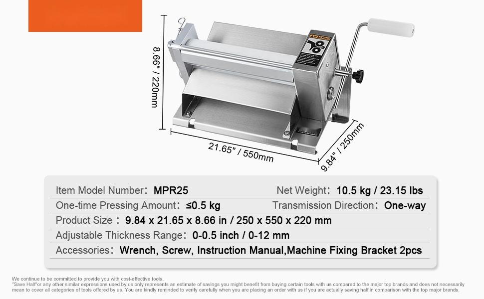 Manual Dough Sheeter Machine, 1/2 Inch Maximum Thickness, Hand Crank Pastry Roller Press For Pasta And Pizza Dough, Bakery Equipment For Commercial Kitchens, Durable Stainless Steel Construction, Easy To Clean And Maintain