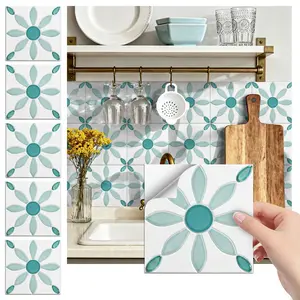 24PCS/Box FHZ Classic Light Turquoise Retro Petal Pattern Tile Stickers | PET Matte Self-Adhesive Waterproof Oil-Proof | Perfect for Bedroom/Office/Kitchen/Bathroom/Furniture/Stair DIY Renovation