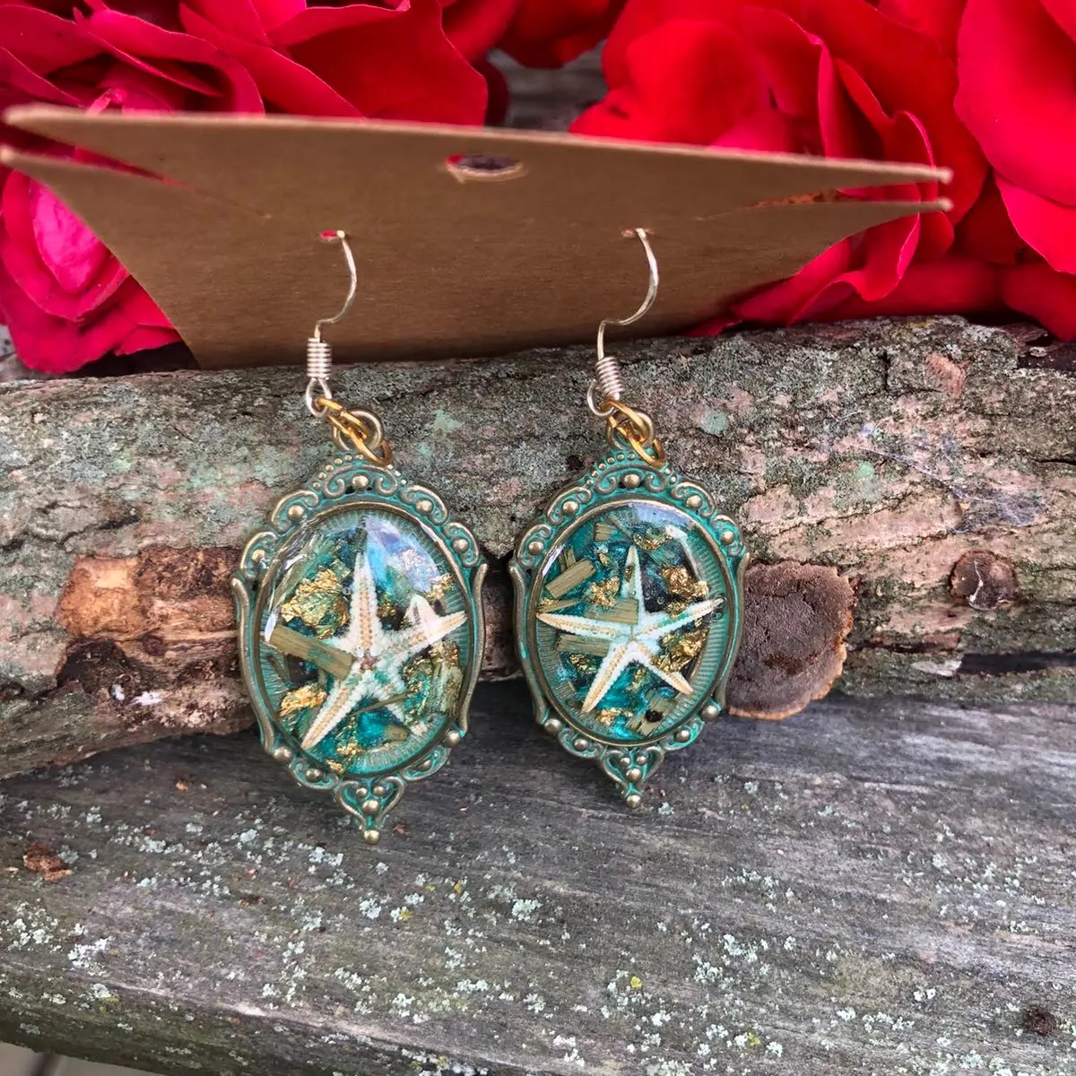 Real Starfish and Dianthus Leaf Earrings - #105