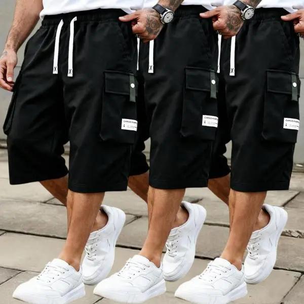 Men's Summer Casual Cargo Shorts - Elastic Drawstring Waist, Multiple Pockets & Letter Patch Design, Regular Fit Mid-Rise Non-Stretch Fabric for Daily Wear & Leisure Activities, Nontransparent Fabric