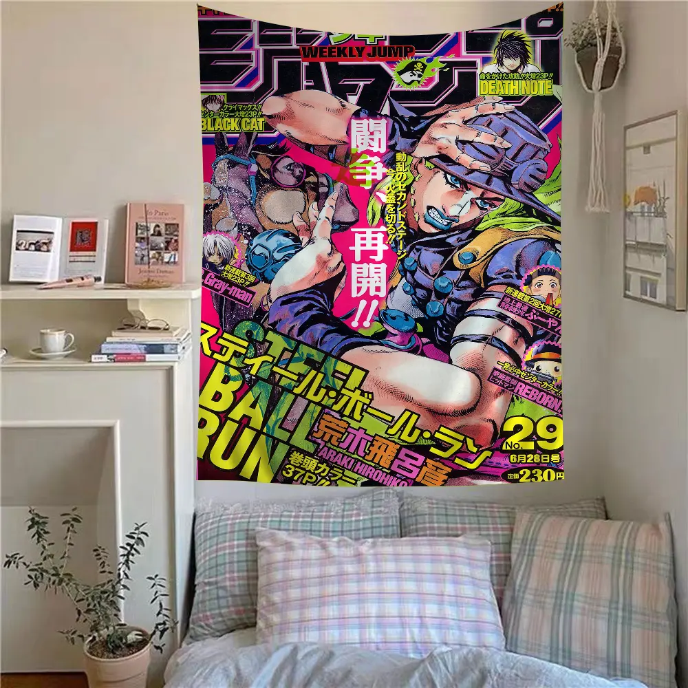 Anime JoJo Bizarre Adventure Retro Tapestry – Hippie Flower Style, Doubles as Wall Carpets, Ideal Hanging for Dorms & Home Decor