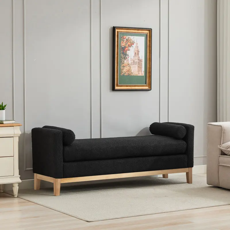 66.34"W Elegant Upholstered Bench Daybed Ottoman with Nature Wood Legs and 2 Bolster Pillows for End of Bed Bedroom Living Room Entryway Black Boucle