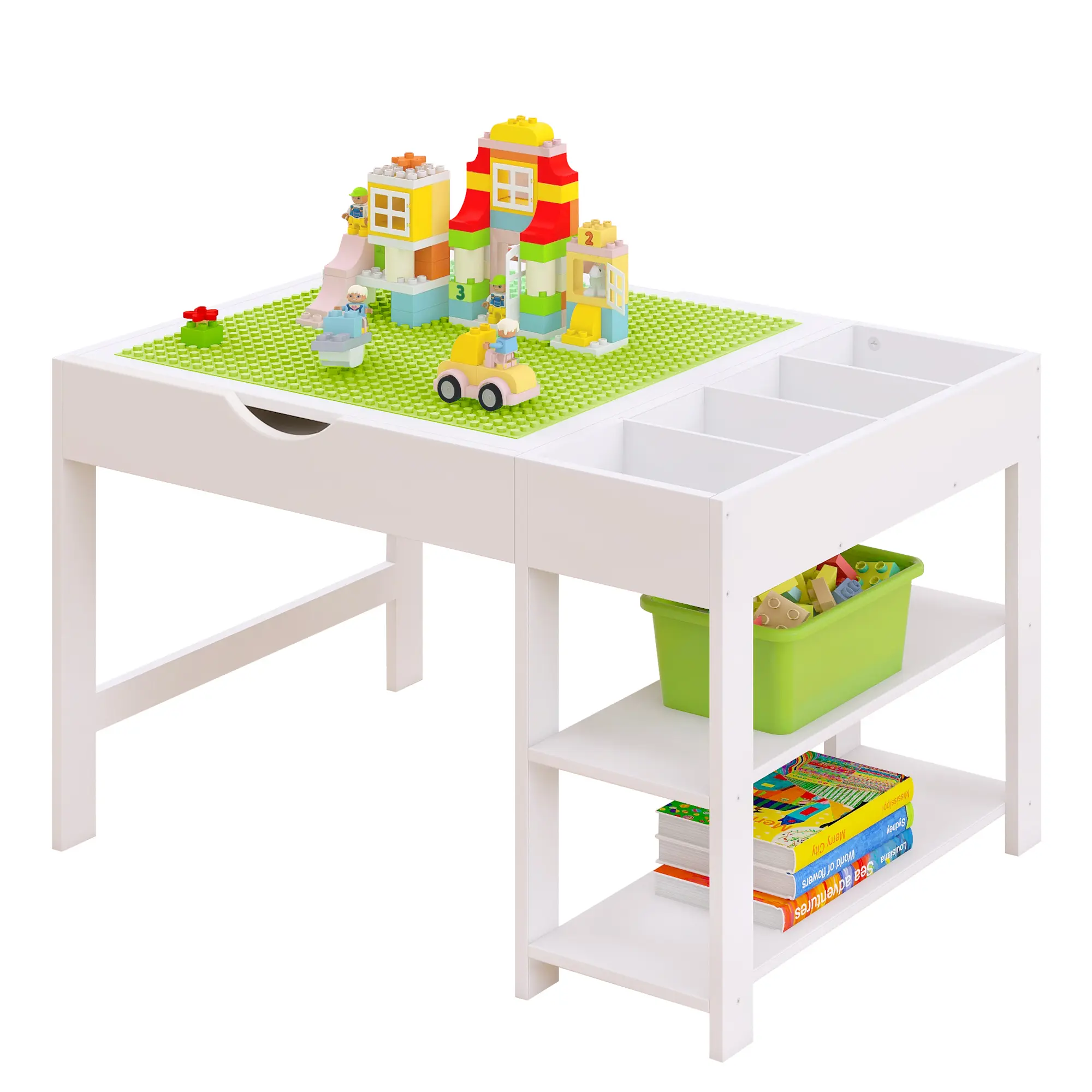 4-in-1 Kids Activity Table Compatible with Lego Large Bricks - Solid Wood Building Block Table with Storage, Integrated 2-Tier Bookshelf & 4 Compartments