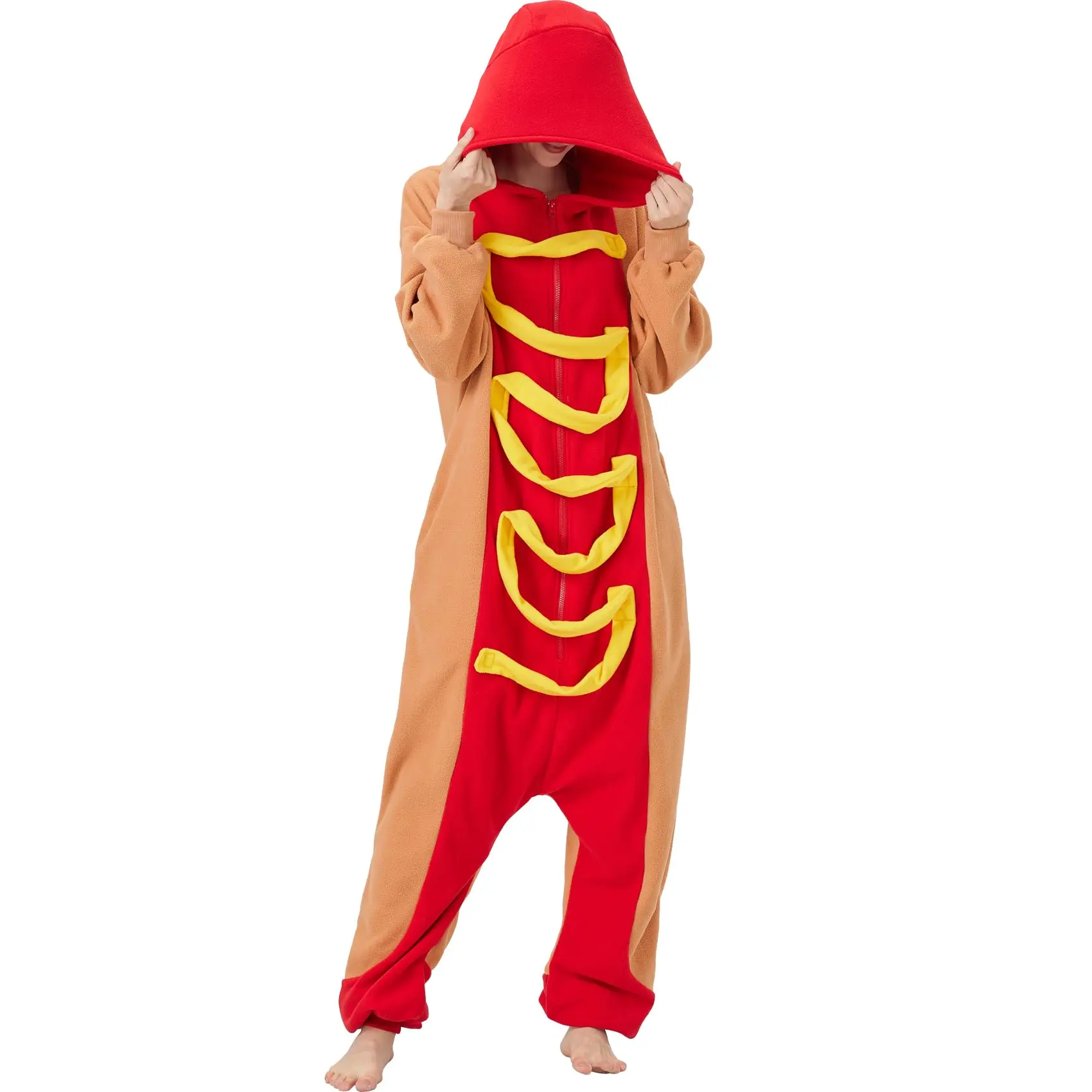 Hot Dog Women's Halloween FunnyOnesie Cosplay Costume Bodysuit - Mustard Strip Food Pajamas, 1-Piece Work Outfit, Cosplay Costume Bodysuits