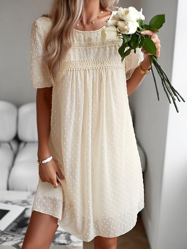 Women's Elegant Short Sleeve Chiffon Dress- A-Line Round Neck with Applique Detail, Machine Washable Lightweight Solid Color All-Season Casual& Formal Wear