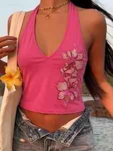 Y2K Floral Print Backless Top, Women's V-Neck Sleeveless Vest, Summer Beach Resort Wear, Tropical Flower Shirt, Ootd, Hawaii Trip