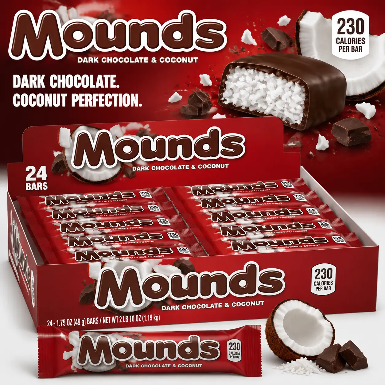 Mounds Dark Chocolate Coconut Bars 1.75 oz 24 Count Classic Coconut Candy Bars