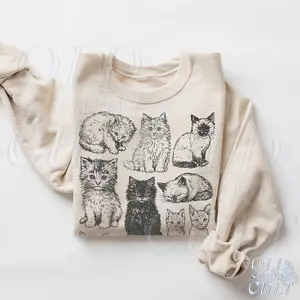 Vintage Cat Sweatshirt, Retro Kitten Graphic Pullover, Cozy Cottagecore Cat Lover Gift, 90s Style Oversized Crewneck, Cute Cat Mom Sweater