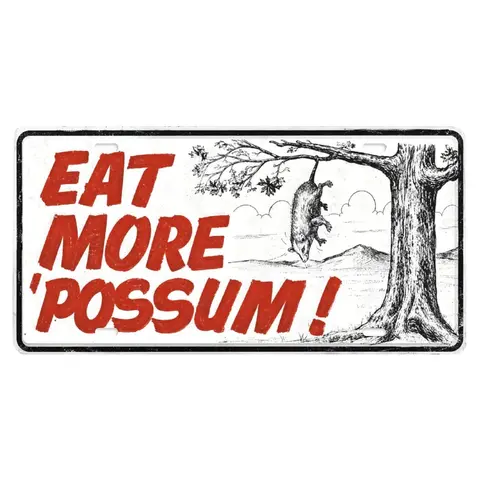 "EAT MORE 'POSSUM!' Fancy Vintage Decorative License Plate, 12x6in Aluminum Metal Front Tag, Car Exterior Accessory, Garage Wall Decor, Novelty Gift for Car Enthusiasts"