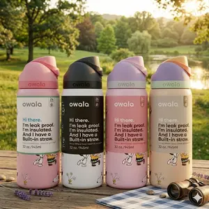 Cute Cartoon Dog Water Bottle 32oz Owala Style Insulated Thermos Leakproof Straw Lid Aesthetic Tumbler