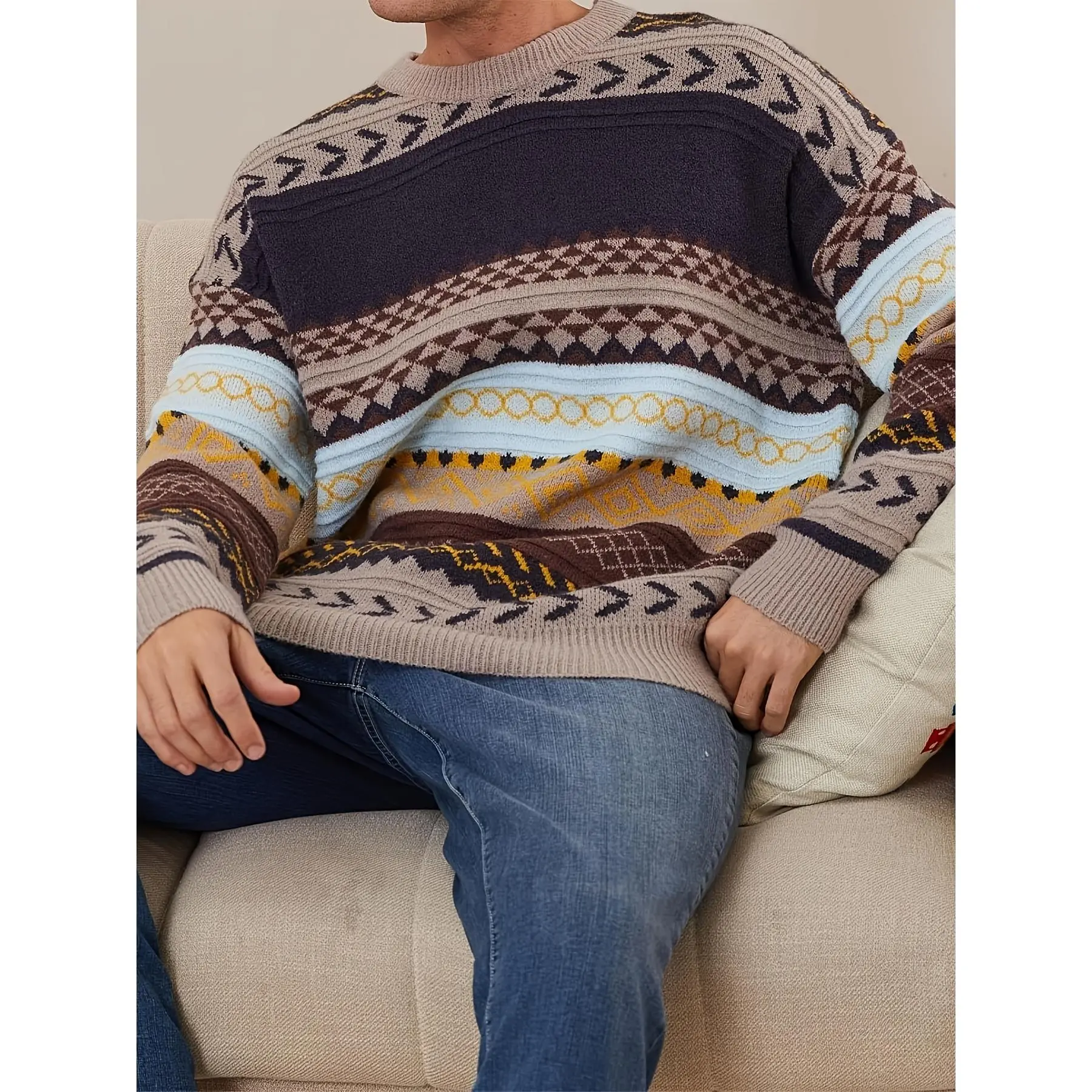 Vintage Cable Knit Sweater - Cozy Acrylic Crewneck Pullover with Geometric & Striped Aztec Pattern, Long Sleeves - Perfect for Fall/Winter Warmth, Plus Size Sweaters