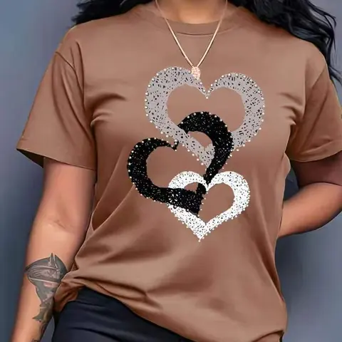 Women's Casual Print Heart Pattern Round Neck Short Sleeve Top, Fashionable Graphic Tee for All Seasons
