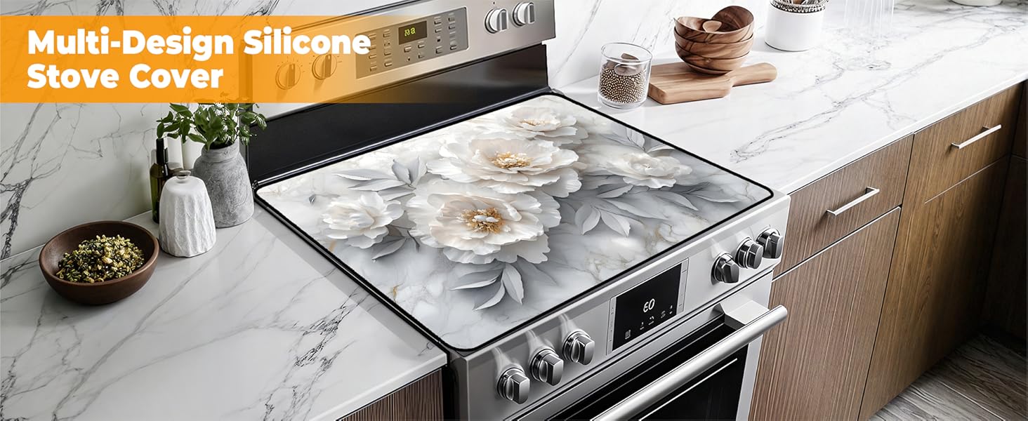 JOYFINITY Heat-Resistant Glass Stove Top Cover with Anti-Slip Rubber Coating – Electric Stove Protector, Scratch-Resistant, Expands Counter Space, Stylish Kitchen Decor (Peony, 28.4*20.5 in)