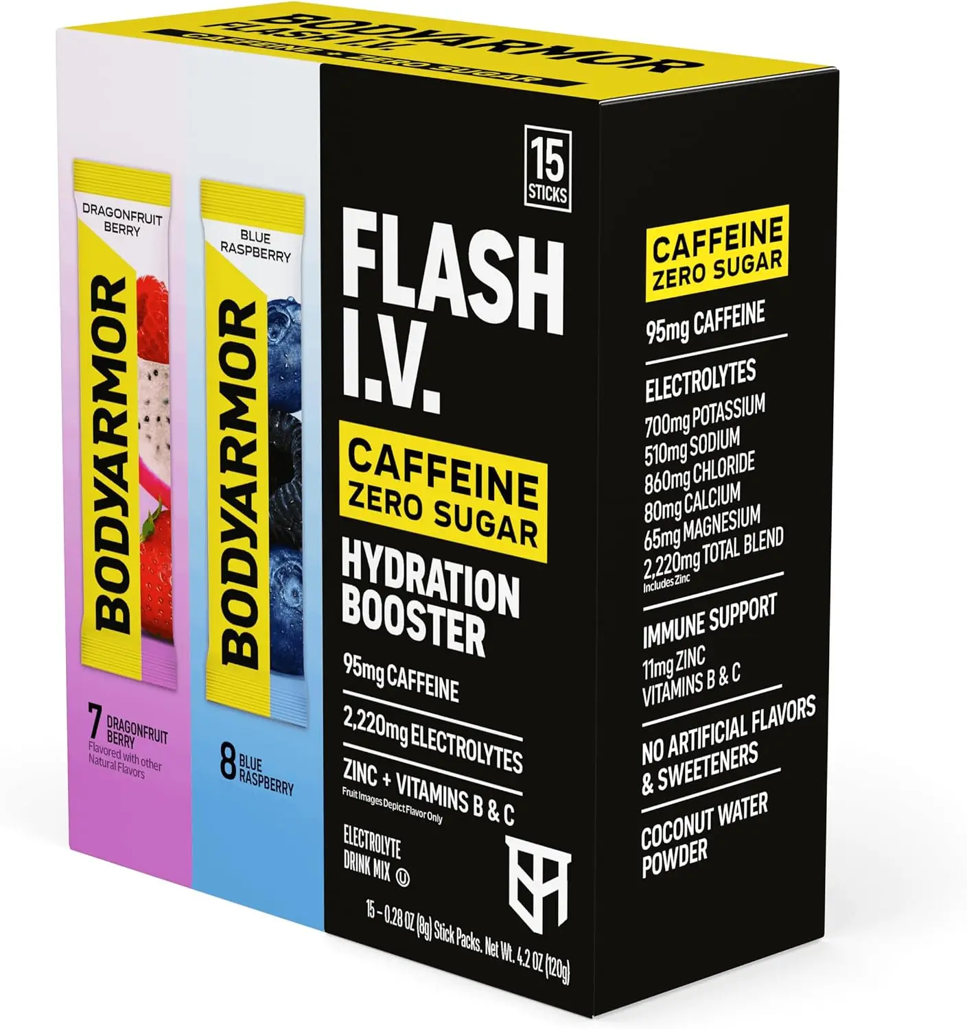 BODYARMOR Flash IV Caffeine + Zero Sugar Electrolyte Mix, Variety Pk, 15 Ct | Sugar-free Electrolyte Powder +Caffeine Variety Pack, Blue Raspberry & Dragonfruit Berry, 95mg Caffeine Drink Mix Packet