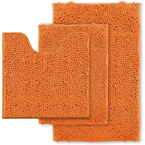 Bathroom Rugs 3 Pieces Orange Bath Rugs Fall Shower Rugs with U-Shaped Contour Toilet Mat Absorbent Chenille Plush Bath Mats Non Slip Bath Rugs Bathroom Floor Mats Bath Mat Living Rug Set