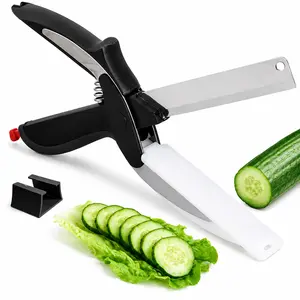 Cutting Board Scissors - 2 In 1 Kitchen Scissors with Cutting Board Knife Combo with Safety Lock and Storage Holder, Sharp Stainless Steel Blade, Dishwasher Safe - For Slicing Vegetables and Fruits