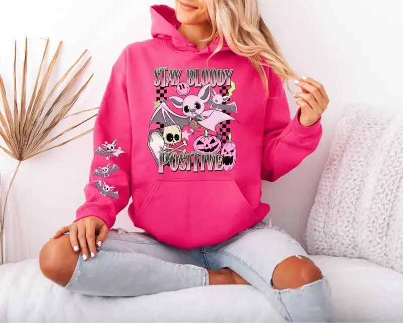 Stay Bloody Positive Gildan hooded Sweatshirt with Sleeve design unisex sizing womenswear comfortable soft Casual Pullover Tops Fabric Pocket Mint Green Green Spandex Cotton