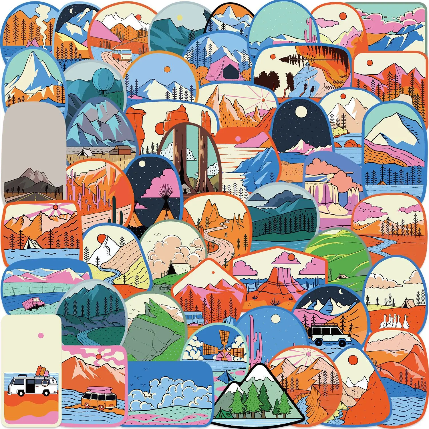 50 Cartoon Outdoor Camping Stickers Decal Set Retro Mountain Series, Perfect for Scrapbooks, Journals, Laptops, Water Bottles, Cars, Positive Gift Ideas, Automobile Decals, Truck Sticker