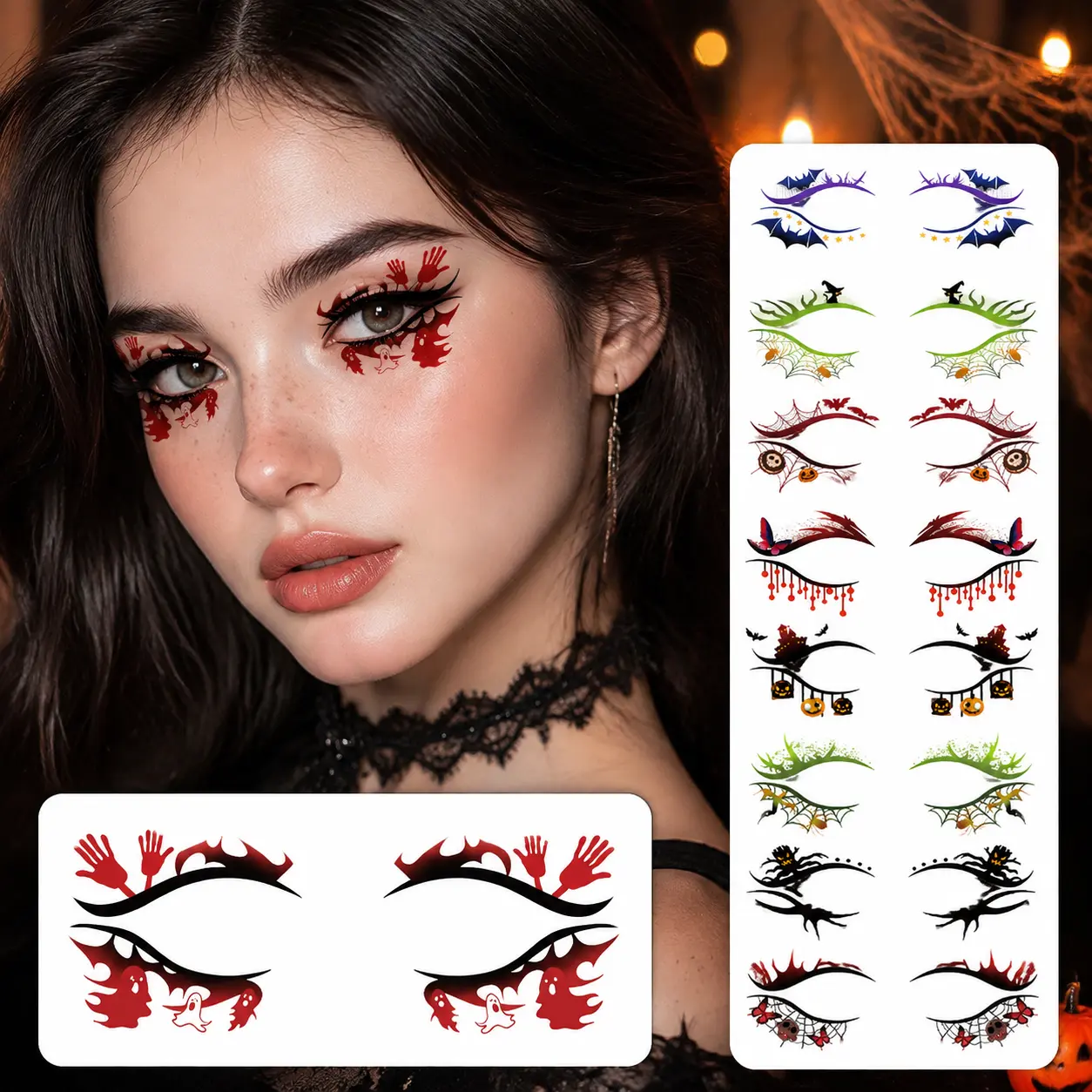 Women's 10-Style Waterproof Long-Lasting Halloween Eye Tattoo Stickers, Creative Cosplay Makeup Decals for Parties & Photoshoots