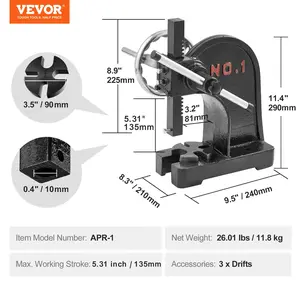 VEVOR Arbor Press, 1 Ton Manual Arbor Press with Handwheel, 5.9 Maximum Height, Cast Iron Heavy-duty Manual Desktop Arbor Press, Precision Hand Press for Stamping, Bending, Stretching, Forming