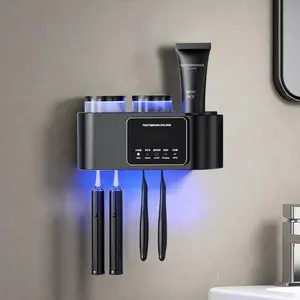 Wall Mounted Toothbrush Holder with 2 Tooth Cups and Smart Sterilizer, Bathroom Toothbrush Protection for Effective Cleaning and Drying, Toothbrushes White