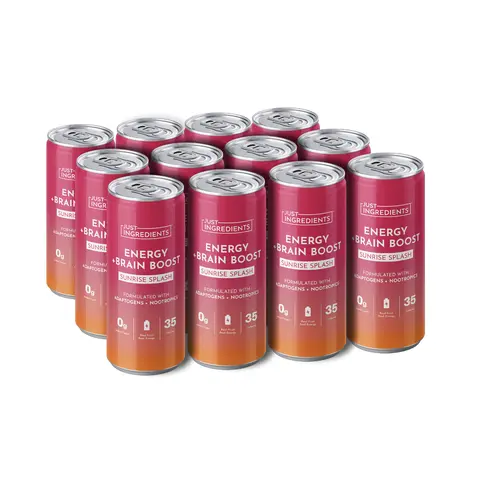 Just Ingredients Sunrise Splash Energy + Brain Boost - 12 Pack - Supports Mood, Brain, Energy & Metabolism - Caffeine from Organic Yerba Mate - Adaptogens & Nootropics - 12 oz Cans - Flavored with Real Fruit - No Added Sugar - BPA-Free Cans