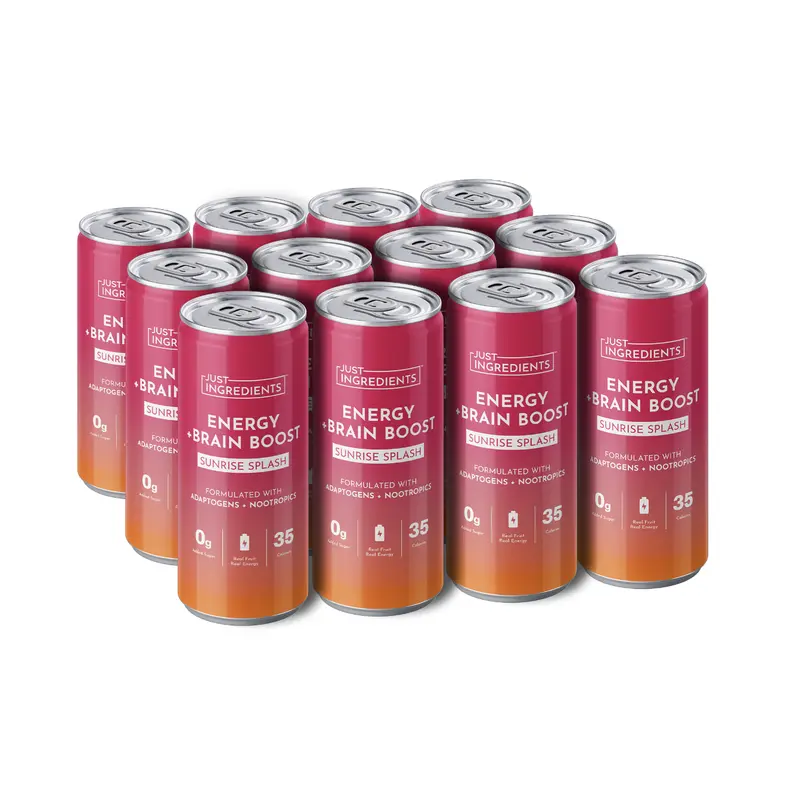 Just Ingredients Sunrise Splash Energy + Brain Boost - 12 Pack - Supports Mood, Brain, Energy & Metabolism - Caffeine from Organic Yerba Mate - Adaptogens & Nootropics - 12 oz Cans - Flavored with Real Fruit - No Added Sugar - BPA-Free Cans