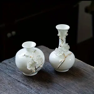Vintage White Porcelain Vase with Gold Design, Handmade Ceramic Plum Blossom Ball for Entryway & Home Decor