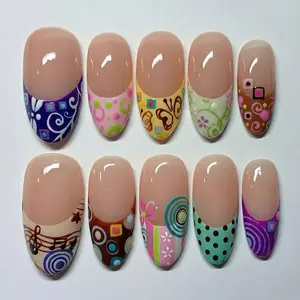 milo.nail&care Handmade Almond Press-On Nails, Retro Swirl Artwork, Color Block Detail & Graphic Pattern Mix, Reusable Y2K Inspired Nail Set