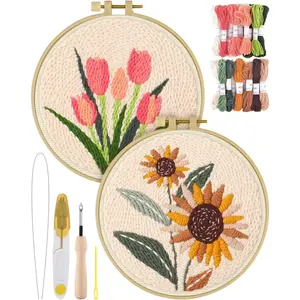 Punch Needle Kit Adults Beginners, 2 Pcs DIY Easy Flower Embroidery Set for Starter Art Craft, Needling Punching Project with Patterns, Tools, Yarns, Hoop, Instruction (Sunflowers & Tulips)