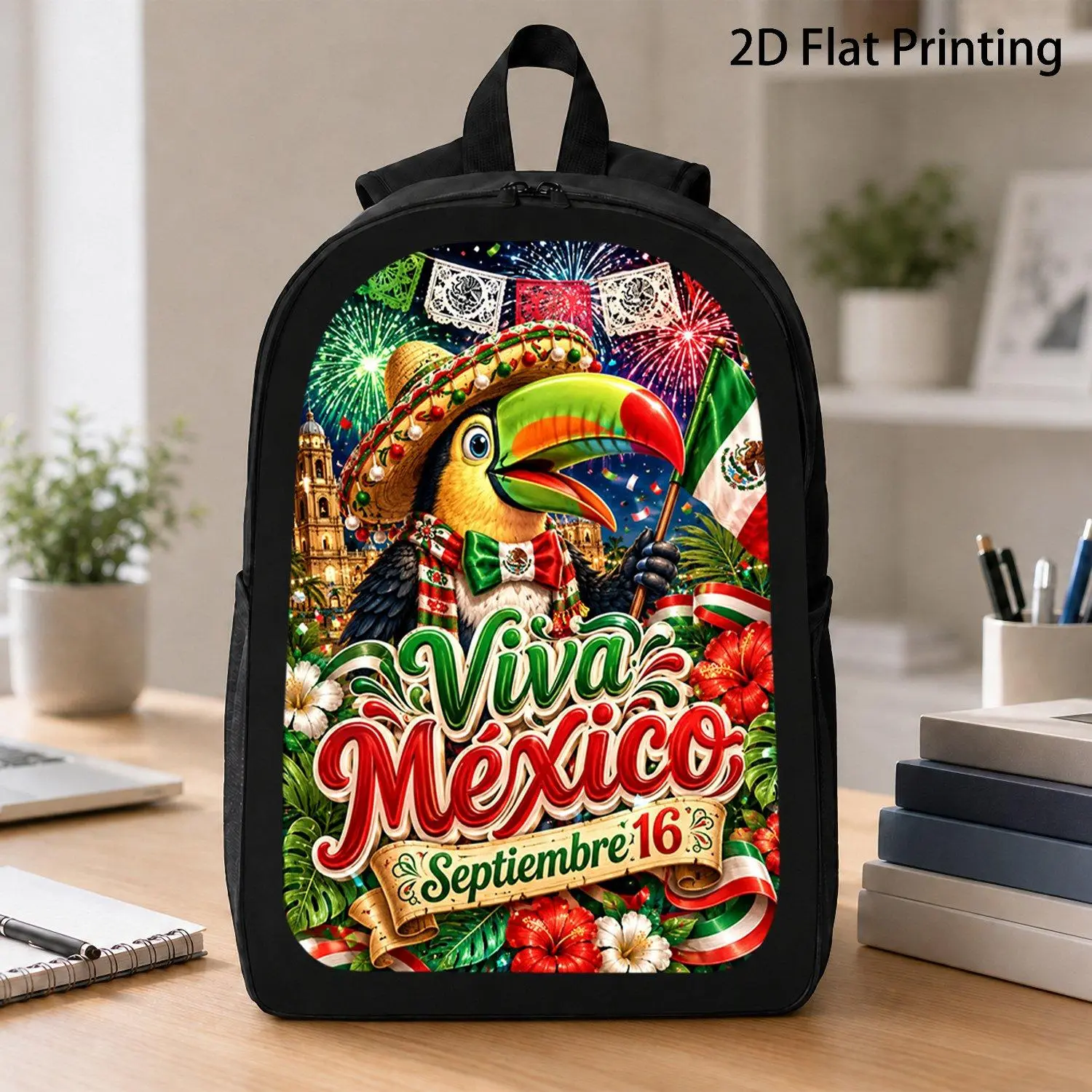 17 Inch Trendy Backpack Featuring Viva Mexico September 16 Toucan Sombrero Mexican Flag Fiesta Graphic Independence Day Holiday Print Travel School Bag for Youth Adults