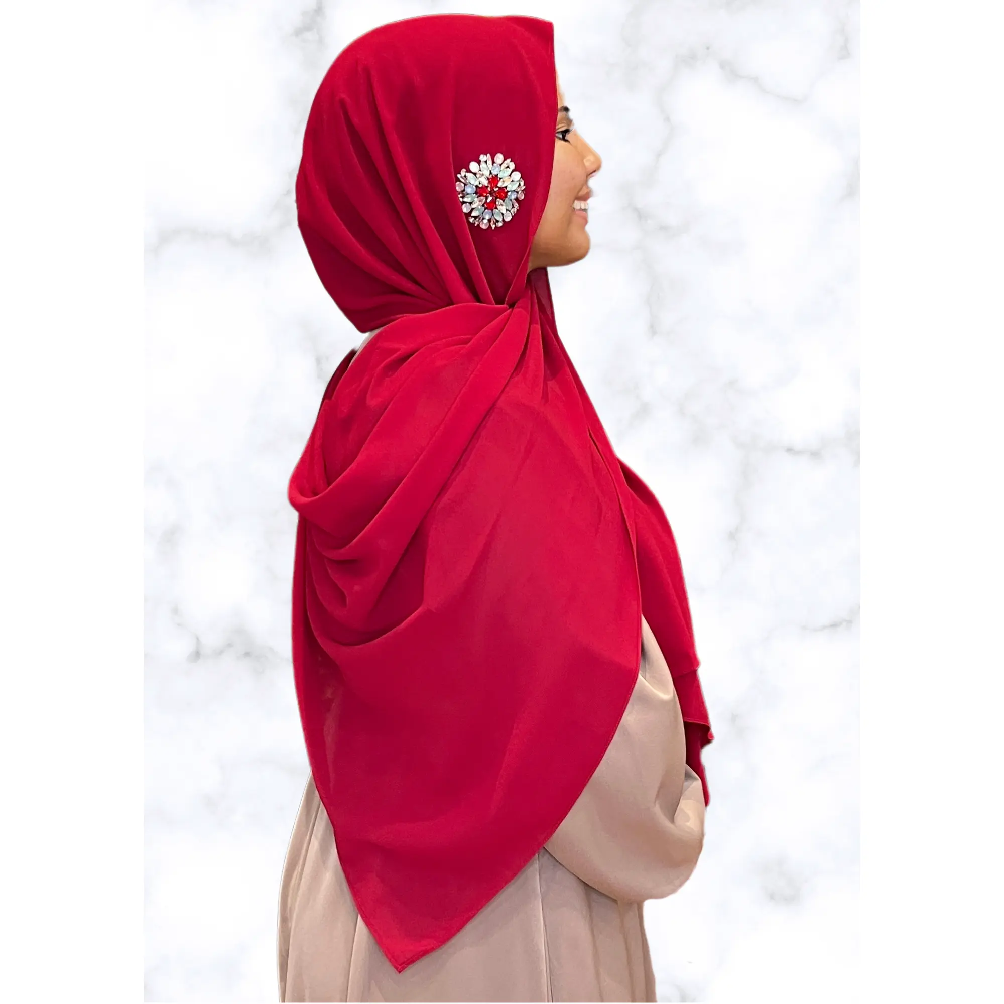 Jam - Sunburst Encrusted Hijab in Red with Decorative Bead and Smooth Fabric Design