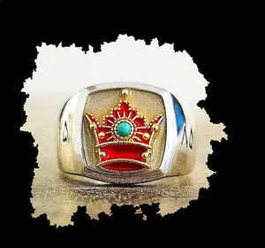 PEJMAN 100th Year of Pahlavi Dynasty Ring 2585 - Unisex 18K Gold Plated Silver Band with Natural Turquoise Stone Sizes 6-12