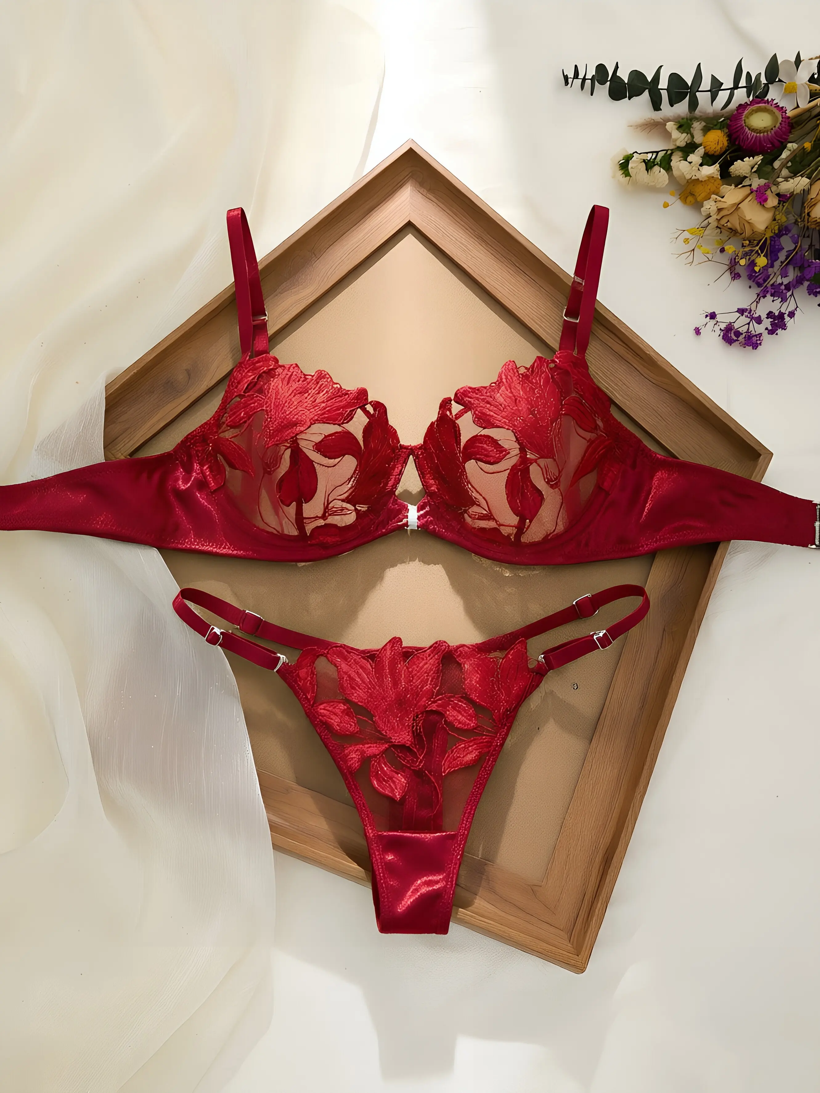 Women's 2-Piece Elegance Lingerie Set - V-Neck Floral Embroidery Push-Up Underwire Bra, Breathable Lace Panty, Regular Fit for Holiday Wear, Red