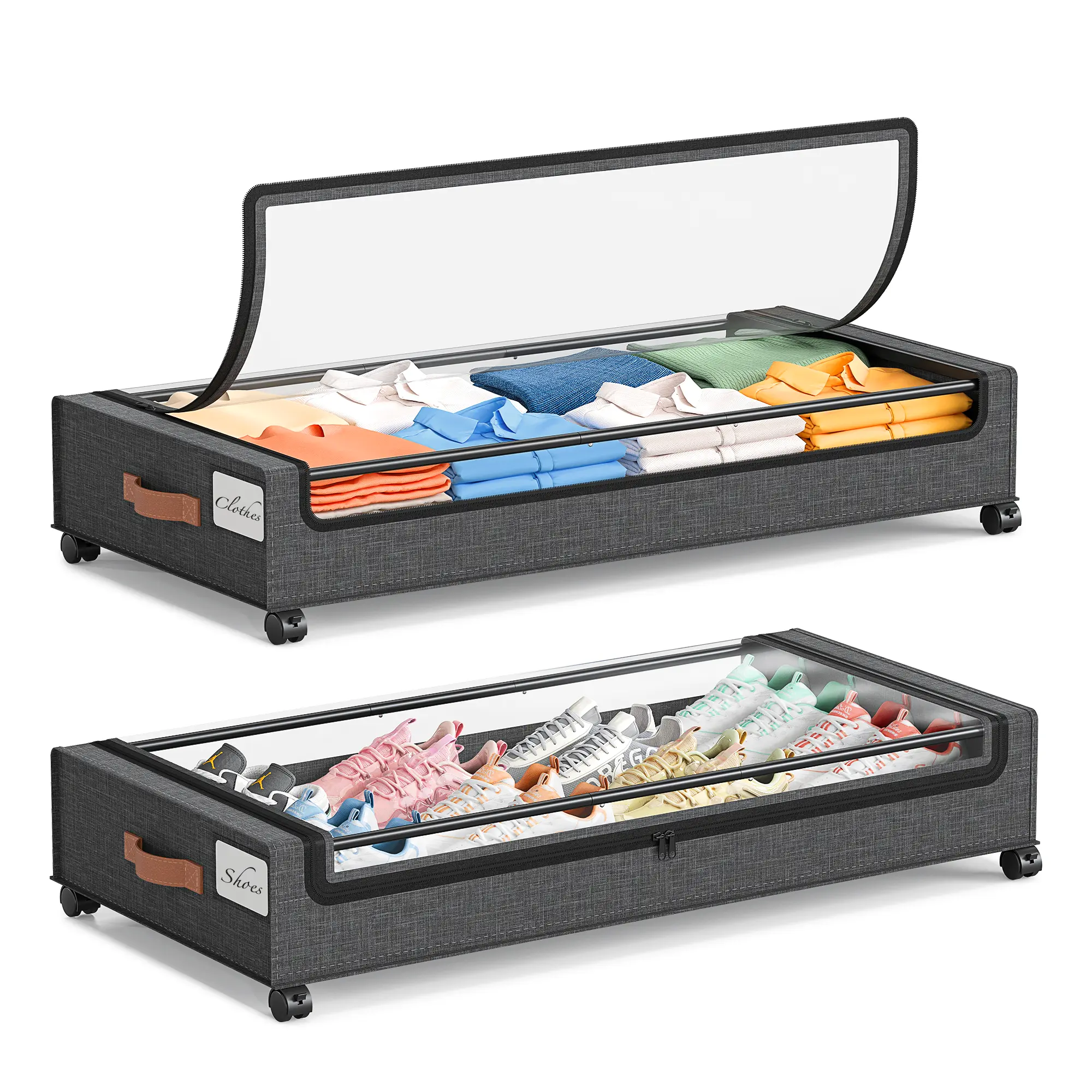 Under Bed Storage with Wheels 65L, 2 Pack Under Bed Storage Containers, Storage Containers with Clear Window, Rolling Under Bed Metal Drawer for Clothes, Shoes, Books, Hemp Grey
