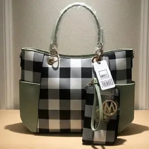 MKF Black White Check Purse with Mint Trim - Stylish Plaid Design & Functional Zipper Closure