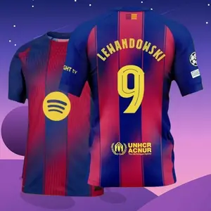 25 26 Home Red And Blue 9# Robert Lewandowski Short Sleeve Soccer Jersey Fans Version X