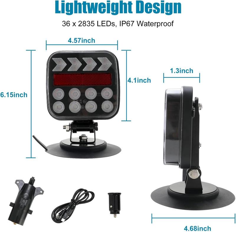 SUNPIE Wireless Magnetic Trailer 36 LEDs Lights Kit,2.4GHz Signal,7 Pin Plug,10Hours Runtime,100 FT Signal Synchronization,IP67 Waterproof,Adjustable Magnetic Mount,Rechargeable with Strobe Reverse Modes,Towing Lights Kit for Trucks RV Boat,Outdoorfun