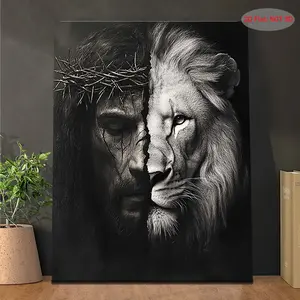 2D Flat, 1pc Lion of Judah Jesus Christ - Modern Bohemian, Horizontal Wrapped Canvas Frame, Lion of Judah for Home Church Office Decor, Christ-Themed Gift, Hebrew-Israeli Religious Iconography, 2D Flat