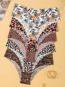 Women's Plain & Leopard & Cherry Print Scallop Trim Panty, Soft Comfy Breathable V Waist Seamless Knicker for Daily Wear, Underwear for All Seasons, Seamless Panties Set