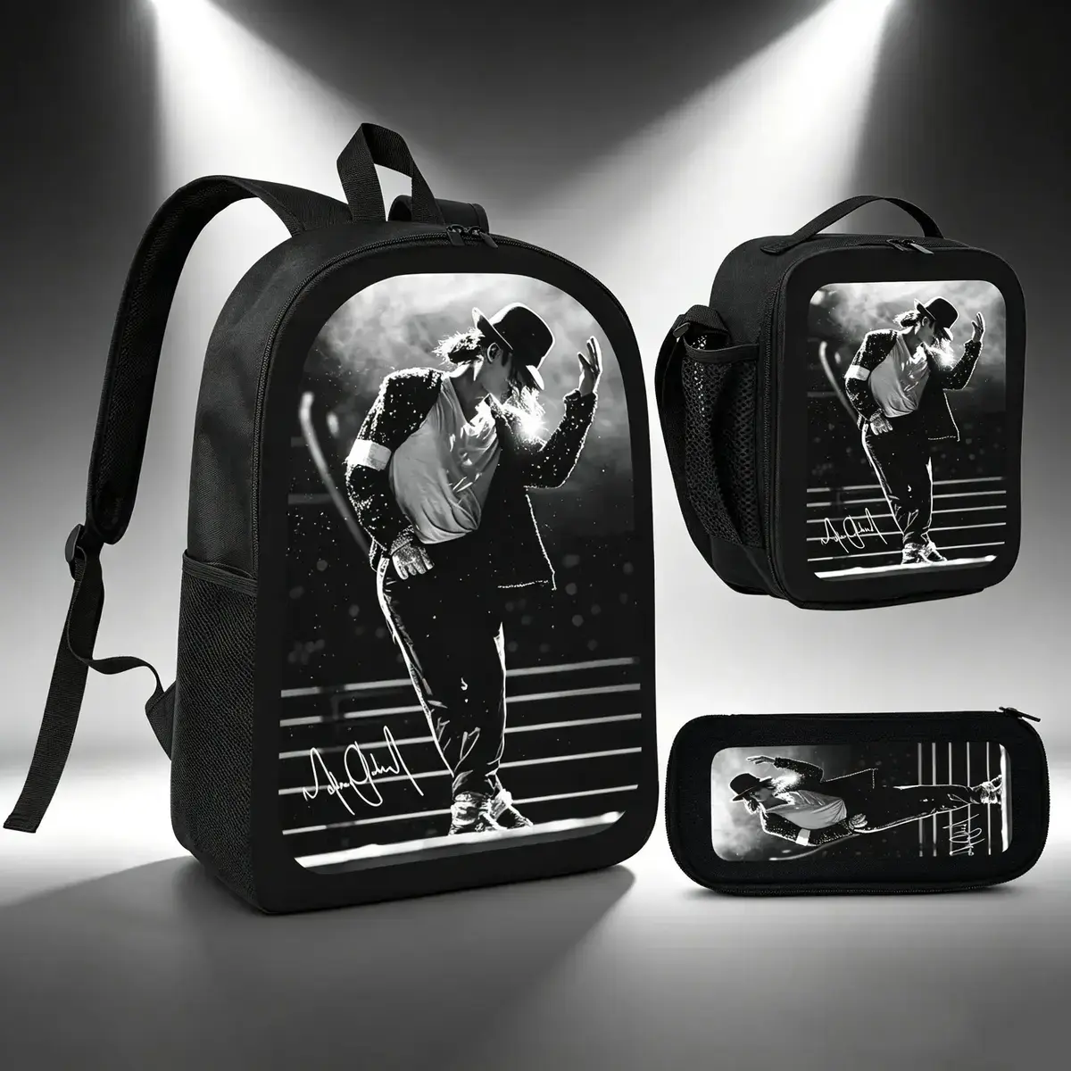 Michael Jackson Backpack Set 3Pcs Lunch Bag Pencil Case Pop Music Theme Lightweight Travel Backpack TikTok Viral MJ Dance Style Fan Gift